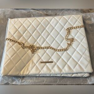 Quilted white purse or IPad bag with gold chain